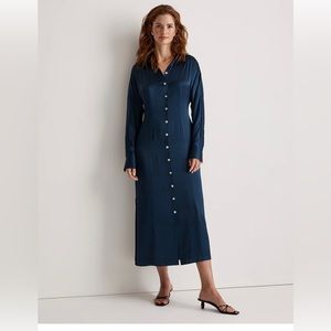 Madewell Satin Button Front Midi Shirt Dress color Classic Indigo Size 14 NWT